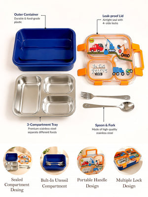Mulberro 3-Compartment Kids Lunch Box | Stainless Steel Tray | Leak-Proof | Fork & Spoon Included - Insulated lunch bag