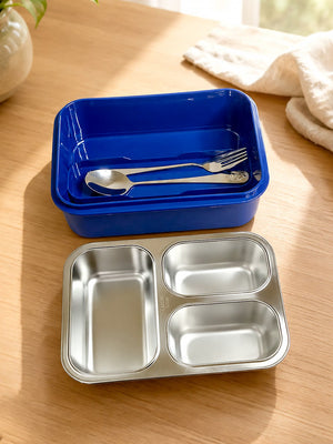 Mulberro 3-Compartment Kids Lunch Box | Stainless Steel Tray | Leak-Proof | Fork & Spoon Included - Insulated lunch bag