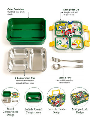 Mulberro 3-Compartment Kids Lunch Box | Stainless Steel Tray | Leak-Proof | Spoon & Fork Included - Insulated lunch bag