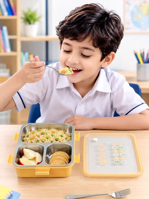Mulberro 3-Compartment Kids Stainless Steel Lunch Box | Leak-Proof | Fork & Spoon Included - Baby Food & Storage