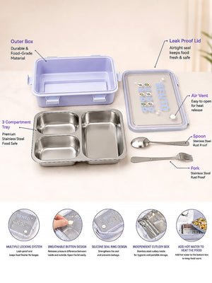 Mulberro 3-Compartment Kids Stainless Steel Lunch Box | Leak-Proof | Fork & Spoon Included - Baby Food & Storage