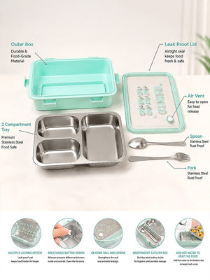 Mulberro 3-Compartment Kids Stainless Steel Lunch Box | Leak-Proof | Fork & Spoon Included - Baby Food & Storage