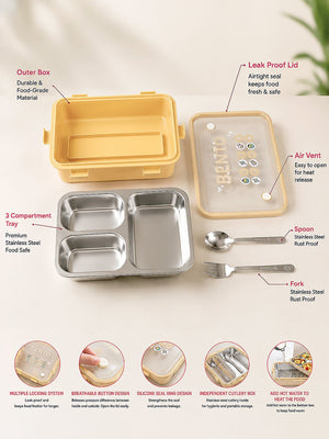 Mulberro 3-Compartment Kids Stainless Steel Lunch Box | Leak-Proof | Fork & Spoon Included - Baby Food & Storage