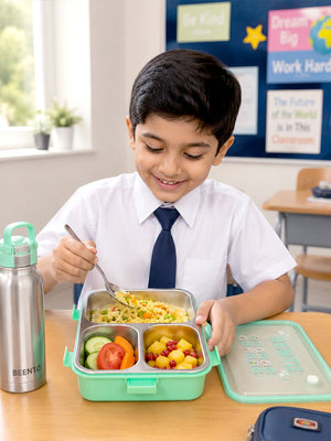 Mulberro 3-Compartment Kids Stainless Steel Lunch Box | Leak-Proof | Fork & Spoon Included - Baby Food & Storage
