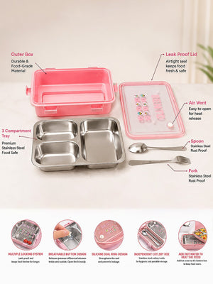 Mulberro 3-Compartment Kids Stainless Steel Lunch Box | Leak-Proof | Fork & Spoon Included - Baby Food & Storage