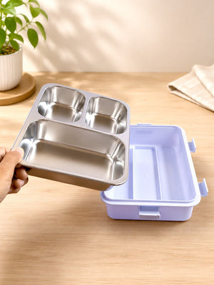Mulberro 3-Compartment Kids Stainless Steel Lunch Box | Leak-Proof | Fork & Spoon Included - Baby Food & Storage