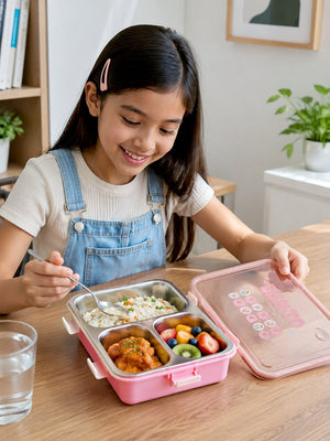 Mulberro 3-Compartment Kids Stainless Steel Lunch Box | Leak-Proof | Fork & Spoon Included - Baby Food & Storage