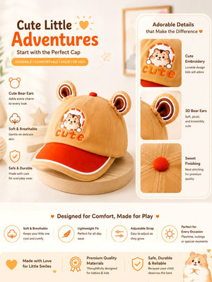 Mulberro 3D Bear Ears Baby Cap | Adjustable Strap | Toddlers 2–6 Years - Kids Accessories