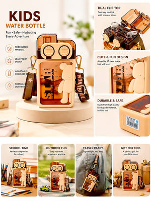 Mulberro 3D Bear Kids Water Bottle — 450ml | Dual Flip Top, Straw & Shoulder Strap - Water Bottle