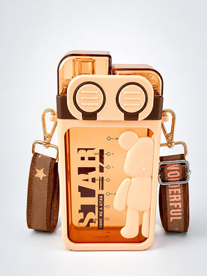 Mulberro 3D Bear Kids Water Bottle — 450ml | Dual Flip Top, Straw & Shoulder Strap - Water Bottle