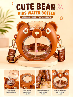 Mulberro 3D Bear Kids Water Bottle — 630ml | Flip Lid, Straw & Crossbody Strap - Water Bottle