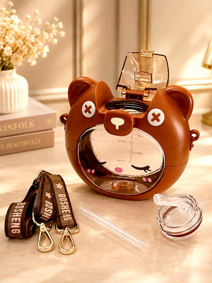 Mulberro 3D Bear Kids Water Bottle — 630ml | Flip Lid, Straw & Crossbody Strap - Water Bottle