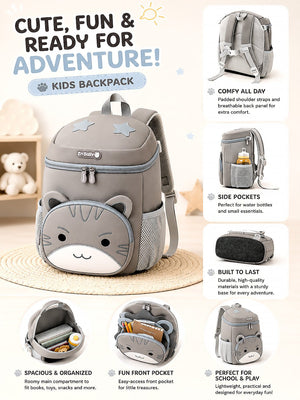 Mulberro 3D Cat Toddler & Kids Backpack with Safety Leash – Gray - School Bag
