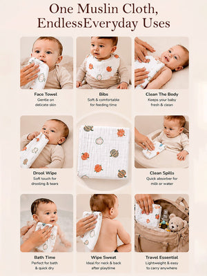 Mulberro 3Pcs 6-Layer Muslin Cotton Face Towels with Dino, Pumpkin & Yummy Prints 0-3Y - Baby Towels & Washcloths