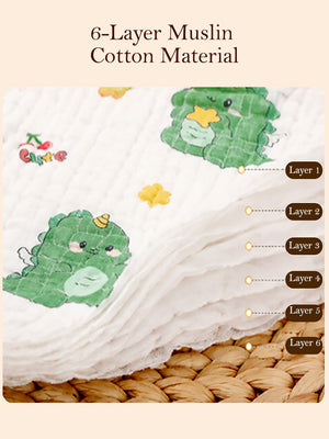 Mulberro 3Pcs 6-Layer Muslin Cotton Face Towels with Dino, Pumpkin & Yummy Prints 0-3Y - Baby Towels & Washcloths