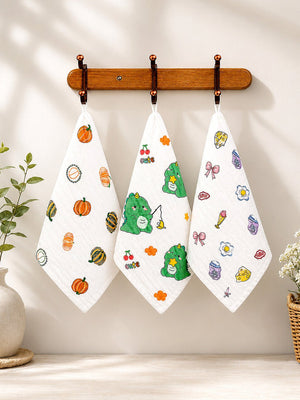 Mulberro 3Pcs 6-Layer Muslin Cotton Face Towels with Dino, Pumpkin & Yummy Prints 0-3Y - Baby Towels & Washcloths