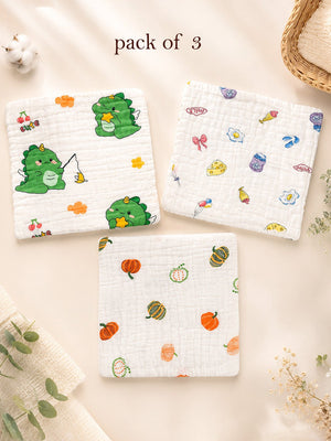 Mulberro 3Pcs 6-Layer Muslin Cotton Face Towels with Dino, Pumpkin & Yummy Prints 0-3Y - Baby Towels & Washcloths