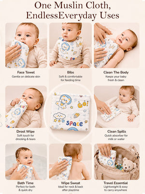 Mulberro 3Pcs 6-Layer Muslin Cotton Face Towels with Space, Sea & Fruits Prints 0-3Y - Baby Towels & Washcloths