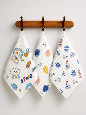 Mulberro 3Pcs 6-Layer Muslin Cotton Face Towels with Space, Sea & Fruits Prints 0-3Y - Baby Towels & Washcloths