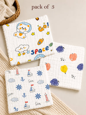 Mulberro 3Pcs 6-Layer Muslin Cotton Face Towels with Space, Sea & Fruits Prints 0-3Y - Baby Towels & Washcloths