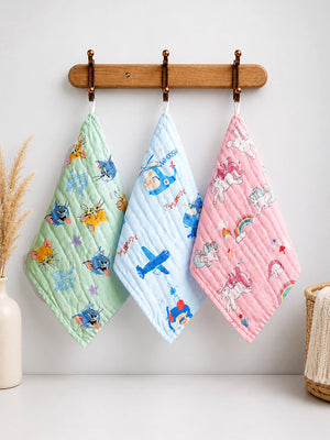 Mulberro 3Pcs 6-Layer Muslin Cotton Face Towels with Tom & Jerry, Unicorn & Aeroplane Prints 0-3Y - Baby Towels & Washcloths