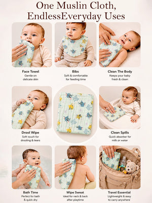 Mulberro 3Pcs 6-Layer Muslin Cotton Face Towels with Tom & Jerry, Unicorn & Aeroplane Prints 0-3Y - Baby Towels & Washcloths