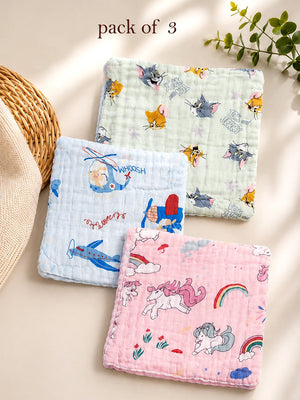 Mulberro 3Pcs 6-Layer Muslin Cotton Face Towels with Tom & Jerry, Unicorn & Aeroplane Prints 0-3Y - Baby Towels & Washcloths