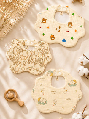 Mulberro 3Pcs Muslin Baby Bibs with Bear, Elephant & Forest Prints - Baby Bibs