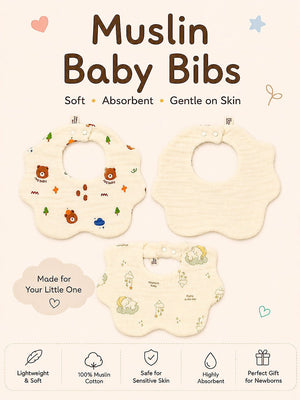 Mulberro 3Pcs Muslin Baby Bibs with Bear, Elephant & Forest Prints - Baby Bibs