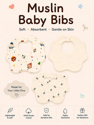 Mulberro 3Pcs Muslin Baby Bibs with Floral, Bow & Character Prints - Baby Bibs