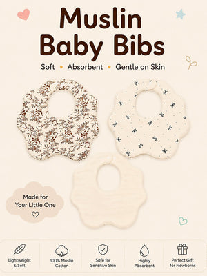Mulberro 3Pcs Muslin Cotton Baby Bibs with Floral, Bow & Confetti Prints Snap Closure - Baby Bibs