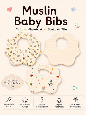 Mulberro 3Pcs Muslin Cotton Baby Bibs with Floral & Friends Prints - Baby Bibs