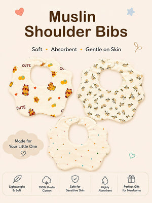 Mulberro 3Pcs Muslin Cotton Shoulder Bibs with Bear, Floral & Polka Dot Prints Snap Closure - Baby Bibs