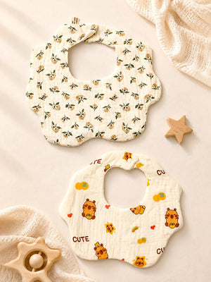Mulberro 3Pcs Muslin Cotton Shoulder Bibs with Bear, Floral & Polka Dot Prints Snap Closure - Baby Bibs