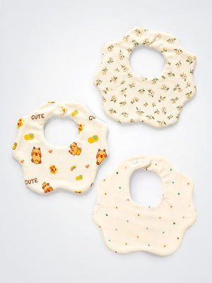 Mulberro 3Pcs Muslin Cotton Shoulder Bibs with Bear, Floral & Polka Dot Prints Snap Closure - Baby Bibs