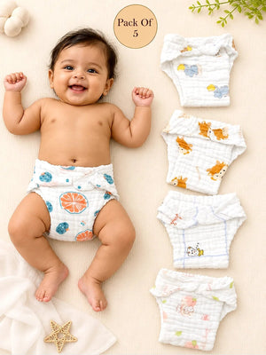 Mulberro 4-Layer Muslin Cloth Nappy | Fruit & Animal Prints | Pack of 5 | 100% Pure Cotton | Reusable Baby Diaper - Nappy Diaper Care