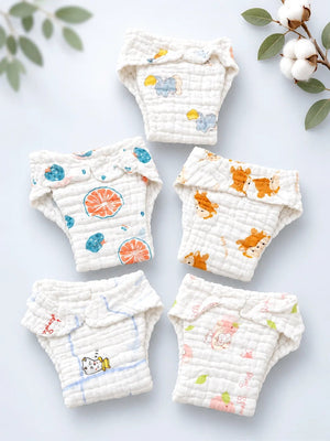 Mulberro 4-Layer Muslin Cloth Nappy | Fruit & Animal Prints | Pack of 5 | 100% Pure Cotton | Reusable Baby Diaper - Nappy Diaper Care