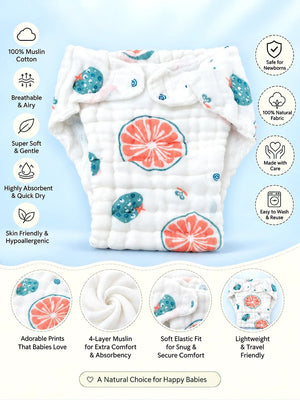 Mulberro 4-Layer Muslin Cloth Nappy | Fruit & Animal Prints | Pack of 5 | 100% Pure Cotton | Reusable Baby Diaper - Nappy Diaper Care