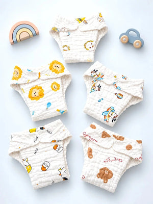 Mulberro 4-Layer Muslin Cloth Nappy | Lion, Bear & Friends Prints | Pack of 5 | 100% Pure Cotton | Reusable Baby Diaper - Nappy Diaper Care