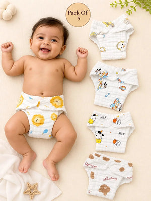 Mulberro 4-Layer Muslin Cloth Nappy | Lion, Bear & Friends Prints | Pack of 5 | 100% Pure Cotton | Reusable Baby Diaper - Nappy Diaper Care