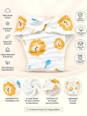 Mulberro 4-Layer Muslin Cloth Nappy | Lion, Bear & Friends Prints | Pack of 5 | 100% Pure Cotton | Reusable Baby Diaper - Nappy Diaper Care
