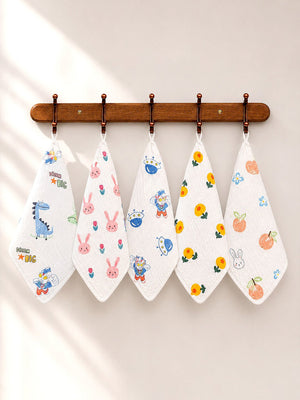 Mulberro 5Pcs Cartoon Print Muslin Cotton Face Towels 0-3Y - Baby Towels & Washcloths