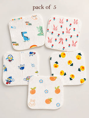 Mulberro 5Pcs Cartoon Print Muslin Cotton Face Towels 0-3Y - Baby Towels & Washcloths