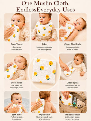 Mulberro 5Pcs Cartoon Print Muslin Cotton Face Towels 0-3Y - Baby Towels & Washcloths