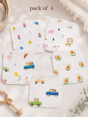 Mulberro 5Pcs Muslin Cotton Face Towels with Jungle & Friends Prints 0-3Y - Baby Towels & Washcloths