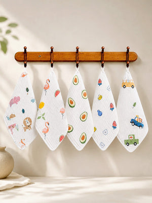 Mulberro 5Pcs Muslin Cotton Face Towels with Jungle & Friends Prints 0-3Y - Baby Towels & Washcloths