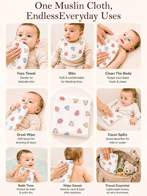 Mulberro 5Pcs Muslin Cotton Face Towels with Jungle & Friends Prints 0-3Y - Baby Towels & Washcloths