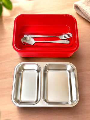 Mulberro Back to School 2-Compartment Kids Steel Tiffin Lunch Box | Leak-Proof | Fork & Spoon Included - Insulated lunch bag