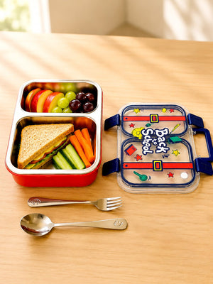 Mulberro Back to School 2-Compartment Kids Steel Tiffin Lunch Box | Leak-Proof | Fork & Spoon Included - Insulated lunch bag