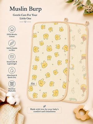Mulberro Bear & Bunny Print Muslin Burp Cloth | Set of 2 | 100% Muslin Cotton | - Baby Bibs